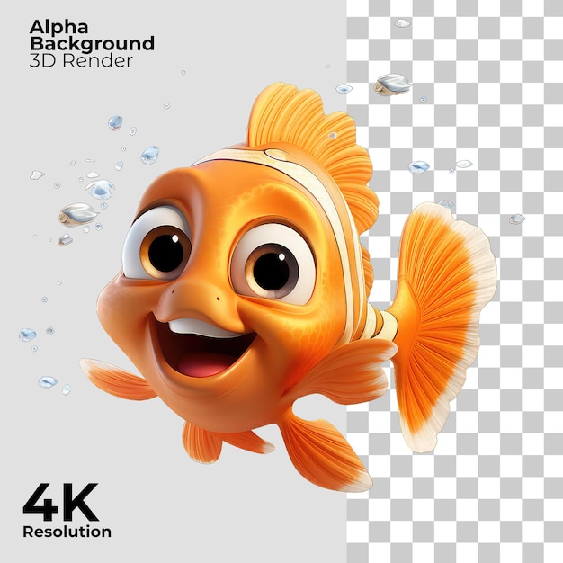 PSD personaje de dibujos animados de peces dorados en fondo transparente