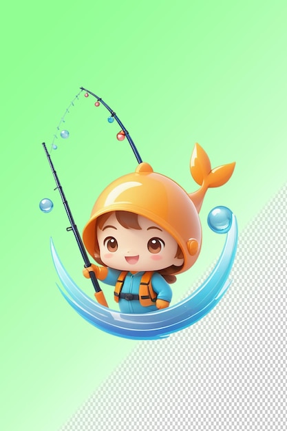 Un personaje de dibujos animados con un pez en la boca y un pez en el agua