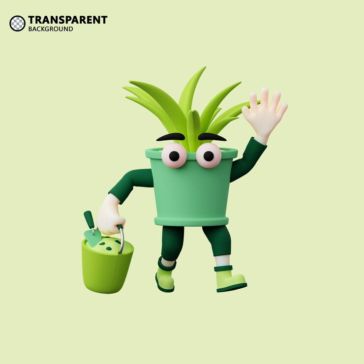 PSD un personaje de dibujos animados con una planta verde.