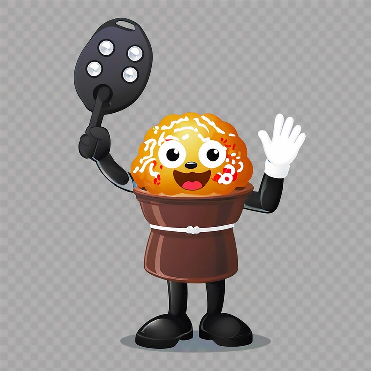 PSD un personaje de dibujos animados con una rosquilla en la cabeza y un guante negro con una mano blanca sosteniendo una bolsa de plástico negra