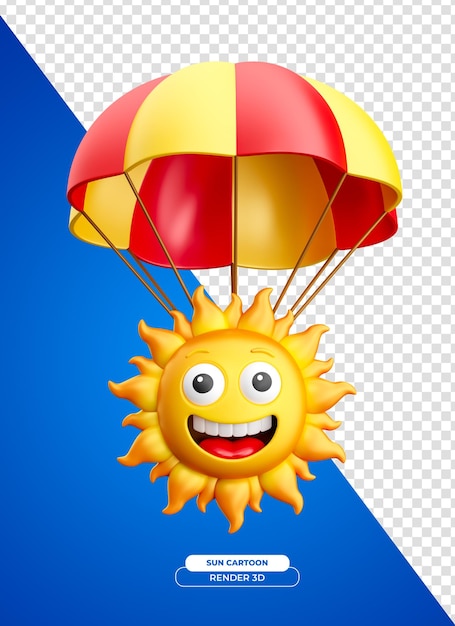 PSD personaje de dibujos animados del sol sonriendo con paracaídas en un fondo transparente en renderización 3d