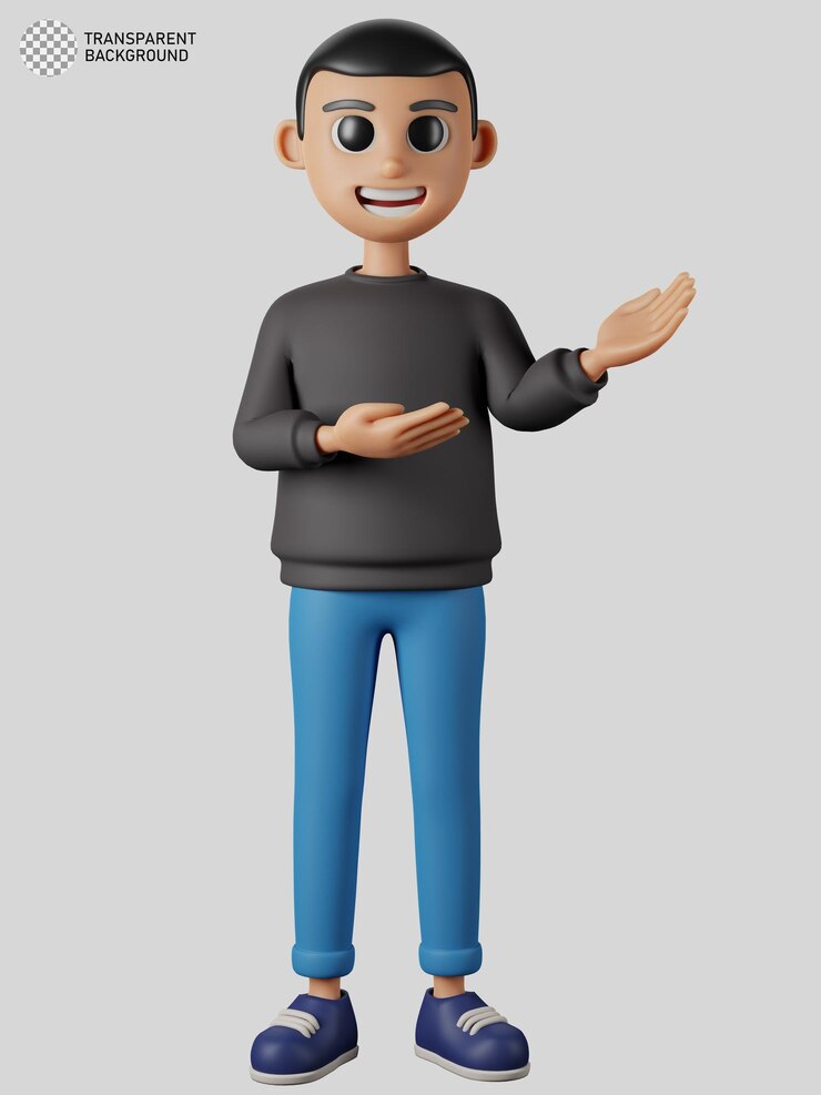 PSD un personaje de dibujos animados con una sudadera negra y pantalones azules.
