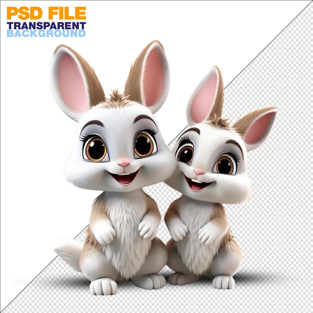 PSD el personaje de diseño de la mascota dos conejos lindos sonriendo