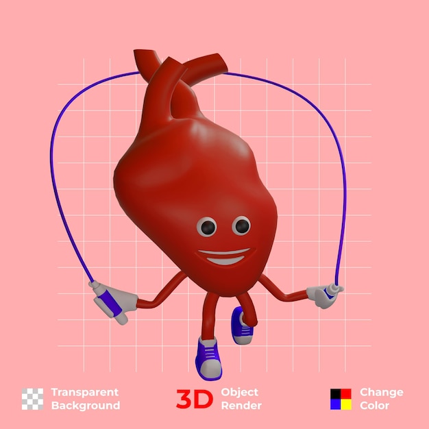 Personaje divertido 3d gratis de órganos internos del corazón humano fondo transparente y cambio de color psd