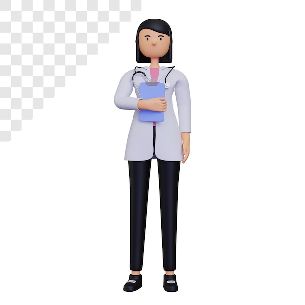 Personaje de doctora 3d sosteniendo una nota