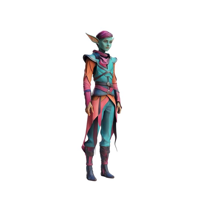 PSD personaje de elfo de fantasía render traje colorido postura equilibrada