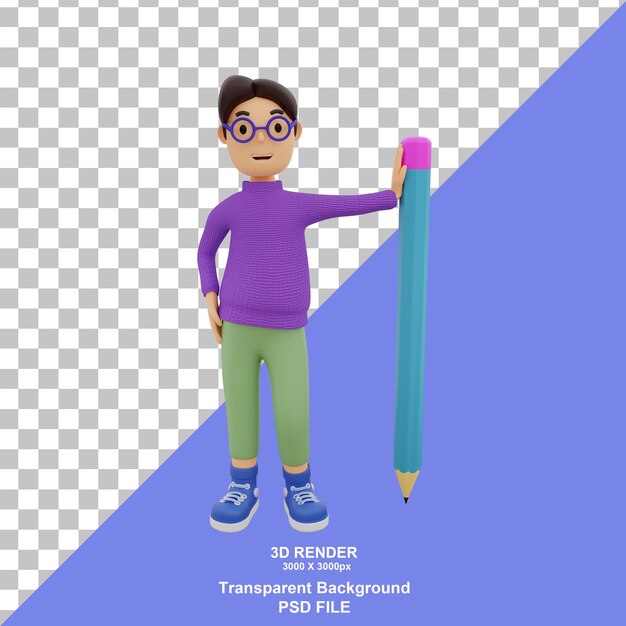 PSD personaje de estudiante 3d único con lápiz único