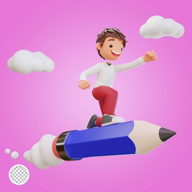 Un personaje estudiantil lindo en 3D está volando en un lápiz.