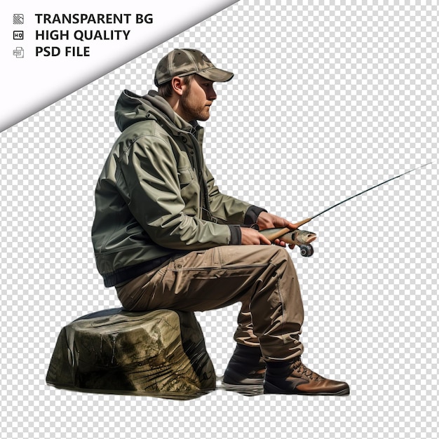 PSD personaje europeo de pesca de estilo ultra realista con fondo blanco