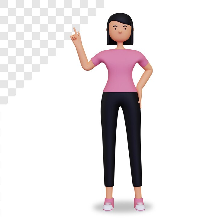 PSD personaje femenino 3d apuntando con la mano hacia arriba