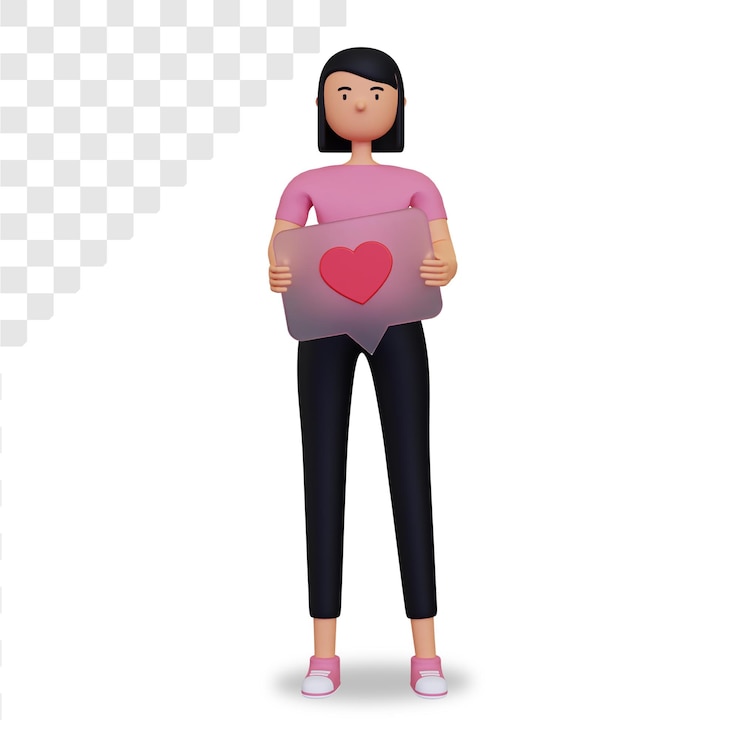 PSD personaje femenino 3d con botón de corazón de redes sociales