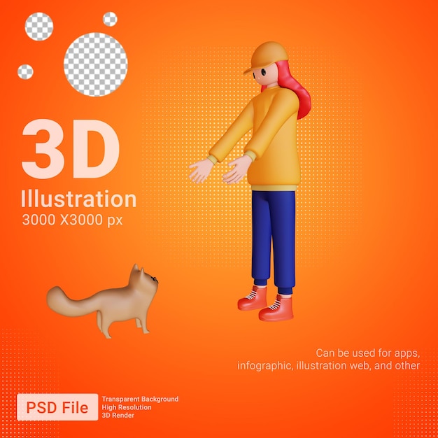 Personaje femenino 3d invita a gato