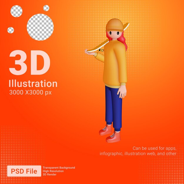 Personaje femenino 3D invita a gato