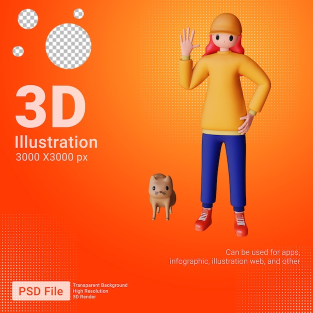 Personaje femenino 3D invita a gato