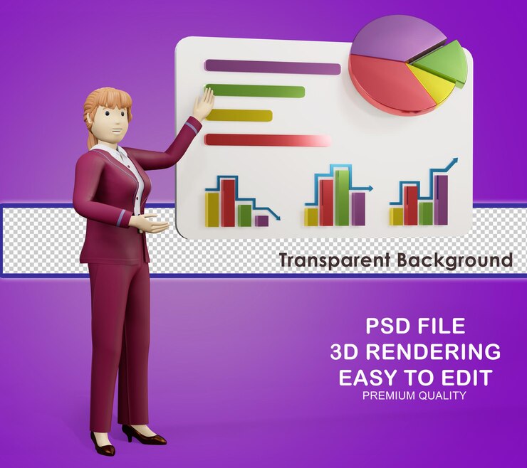 PSD personaje femenino 3d que muestra el archivo de gráficos de presentación de negocios psd