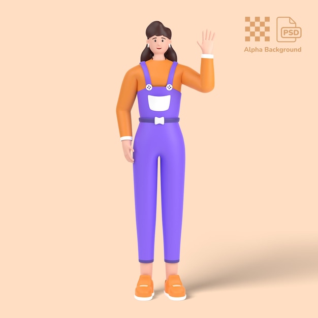 PSD personaje femenino 3d saludando con la mano