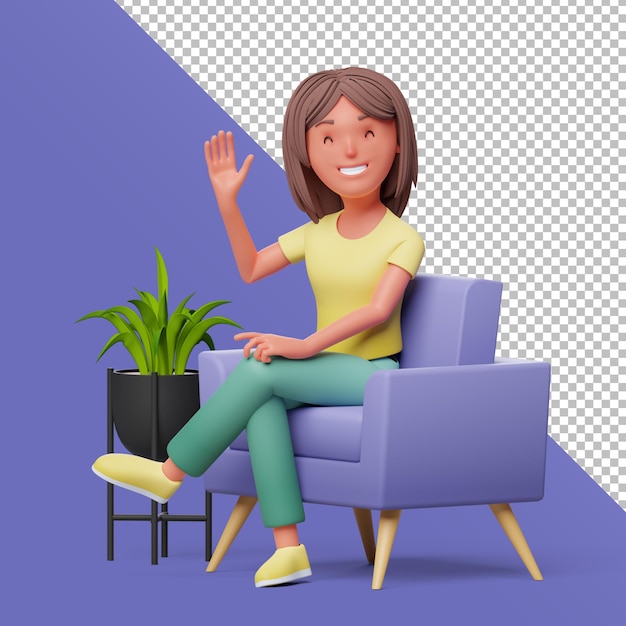 Personaje femenino 3d saludando mientras está sentado en una silla