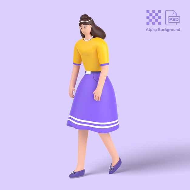 Personaje femenino 3d Sufrimiento de depresión o problema de ansiedad Sentirse frustrado Caminar con aspecto triste