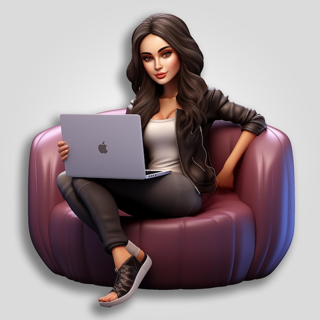 PSD personaje femenino en 3d trabajando en una computadora portátil mientras está sentado en el sofá
