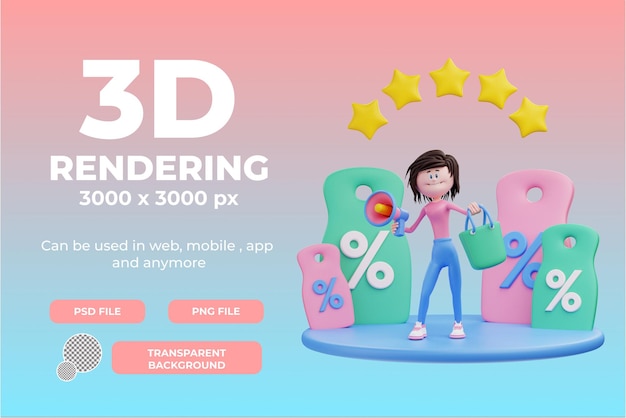 Personaje femenino de representación 3D con objeto de ilustración de megáfono