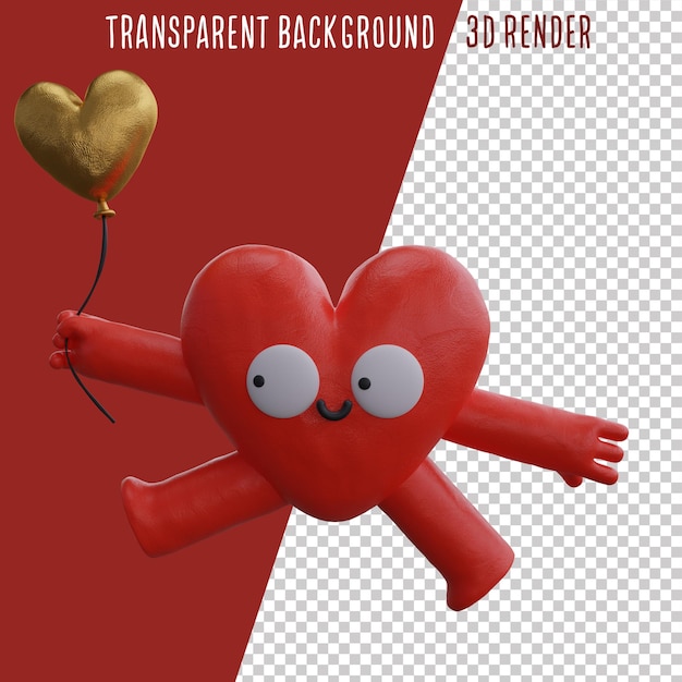 Personaje en forma de corazón corriendo en pose de globo dorado ilustración 3D en fondo transparente.