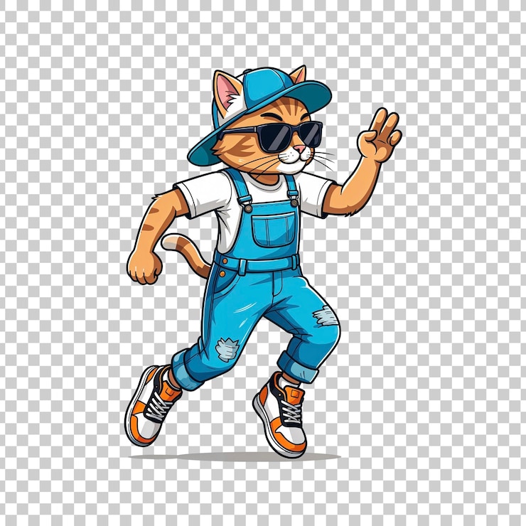 PSD personaje de gato corriendo en mono y gorra sobre un fondo transparente