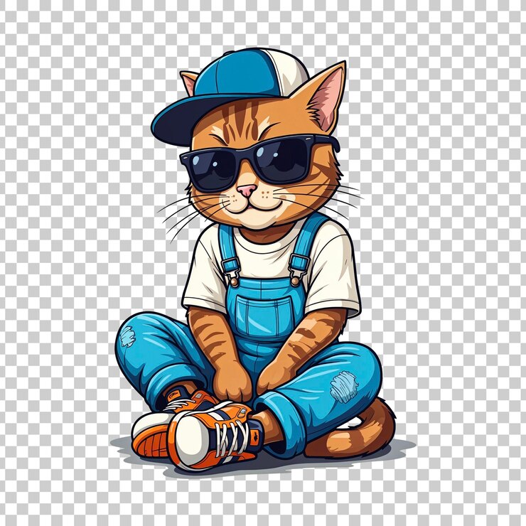 PSD personaje de gato sentado en mono y gorra sobre un fondo transparente