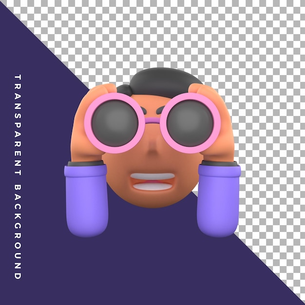 personaje con gesto de mano mirando usando binoculares telescopio ilustración 3d