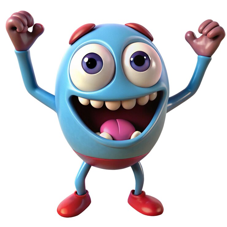 PSD un personaje con una gran sonrisa dentada, brazos levantados de emoción y ojos bien abiertos.