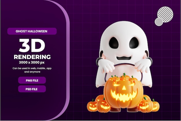 PSD personaje de halloween fantasma 3d trae una calabaza