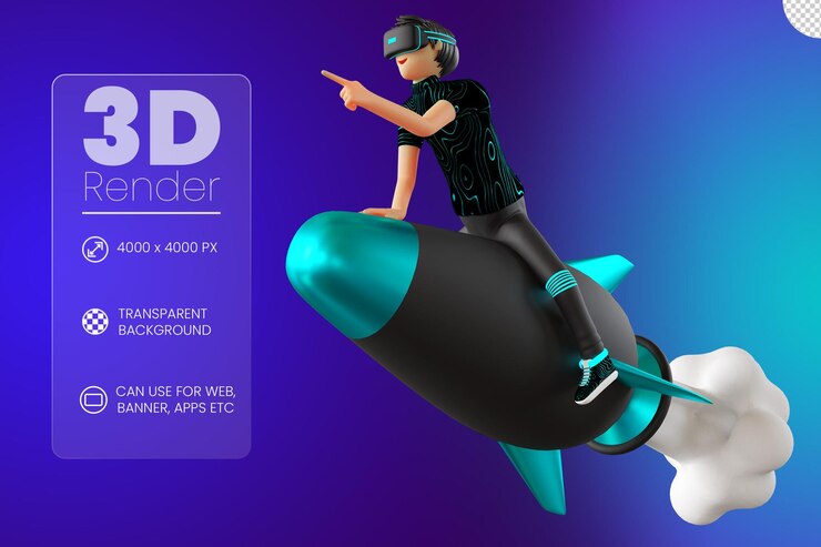 PSD personaje de hombre en cohete con dispositivo de realidad virtual metaverso ilustración 3d