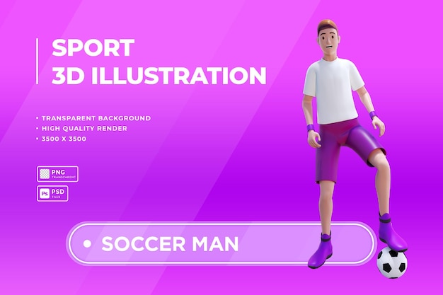 Personaje de hombre de deporte de fútbol con pelota debajo de sus pies ilustración 3d