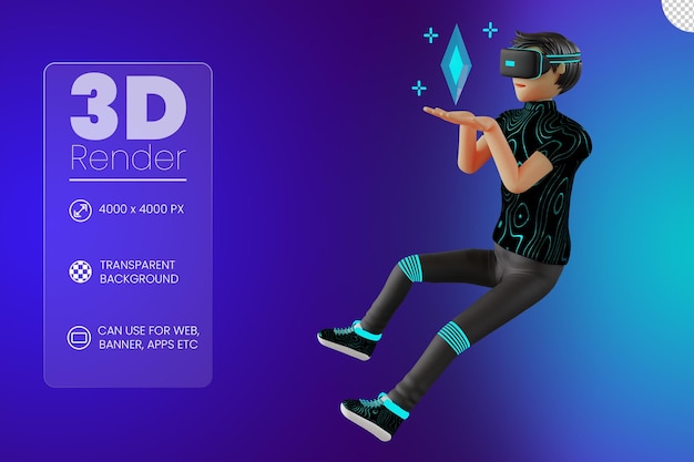 Personaje de hombre con dispositivo de realidad virtual metaverso ilustración 3d