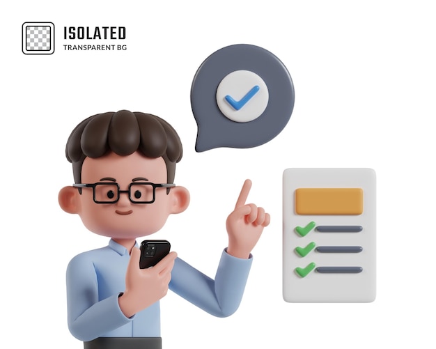 Personaje de hombre feliz en 3D sosteniendo un teléfono móvil y mostrando una tarea completada