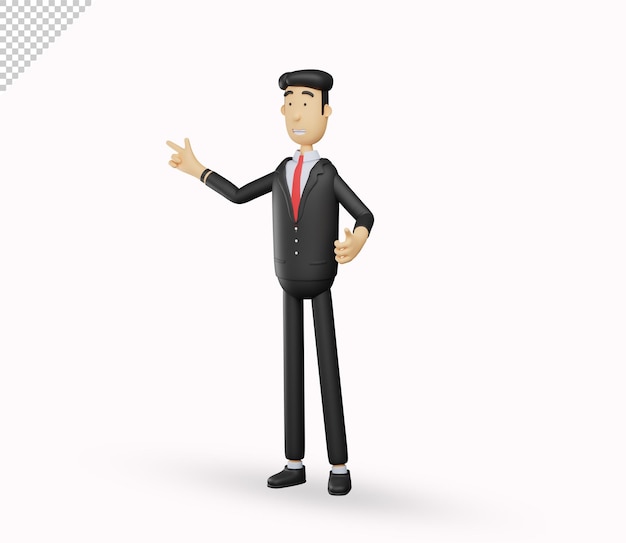 El personaje del hombre de negocios en 3D explica y señala el gesto correcto aislado en el fondo blanco
