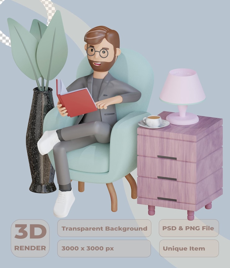 PSD personaje de hombre de negocios 3d leyendo un libro