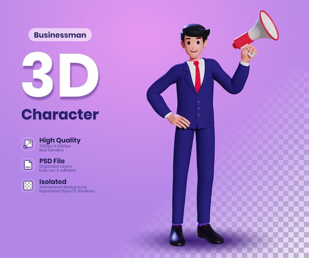 Personaje de hombre de negocios 3d de pie y sosteniendo un megáfono mirando la ilustración 3d de la cámara