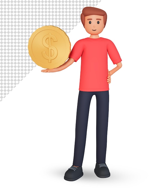 El personaje del hombre se para y sostiene una moneda de dinero ilustración 3d