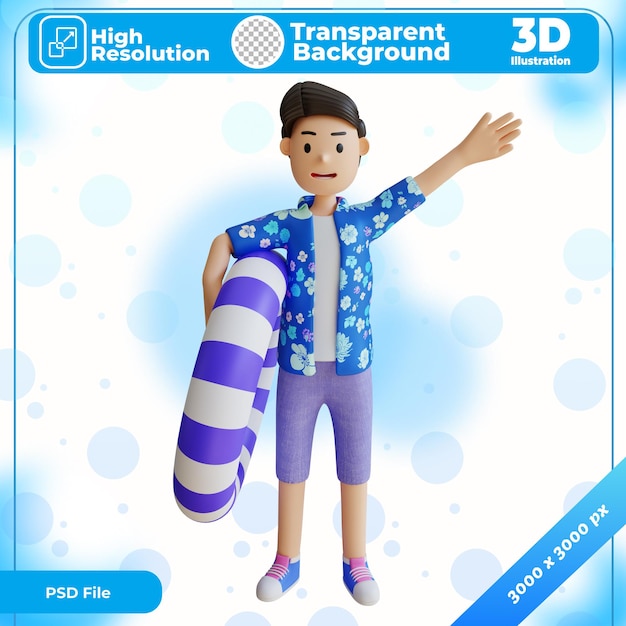 Personaje de ilustración 3D con una boya de playa