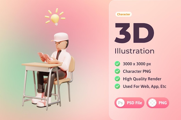 Personaje de ilustración 3d, chico de escuela secundaria, utilizado para web, aplicación, infografía