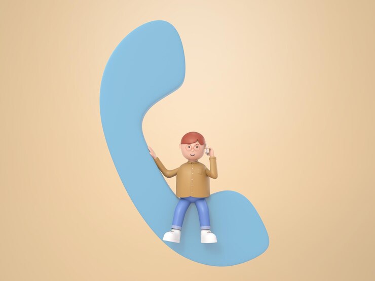 PSD personaje de ilustración 3d de un joven con anteojos sentado hablando por teléfono móvil en el símbolo de teléfono azul en la representación del concepto de comunicación