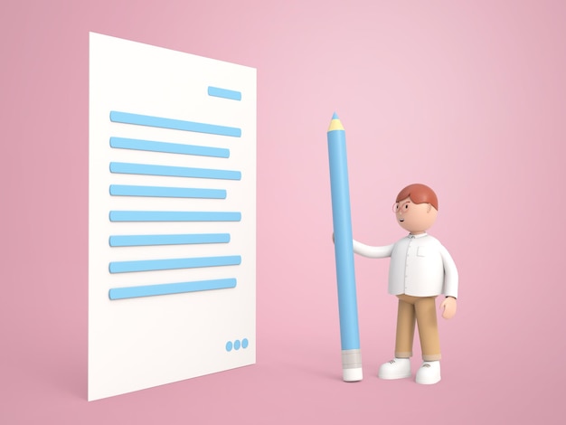 PSD personaje de ilustración 3d de un joven con anteojos sosteniendo un lápiz durante la lectura del texto en la representación del concepto de negocio en papel