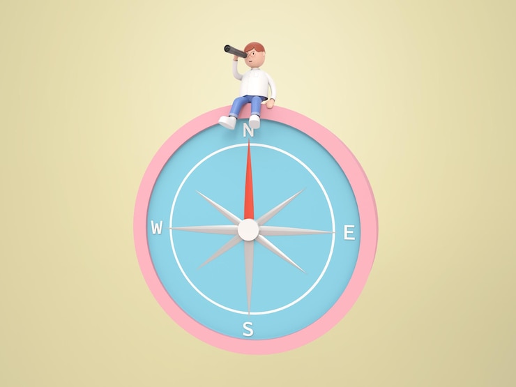 PSD personaje de ilustración 3d joven sentado en una gran brújula usar telescopio mirando hacia adelante renderizado de concepto de negocio de inicio
