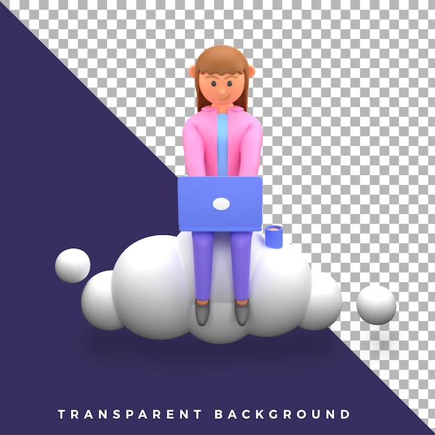 Personaje de ilustración 3d linda chica femenina que trabaja usando una computadora portátil de alta calidad aislada