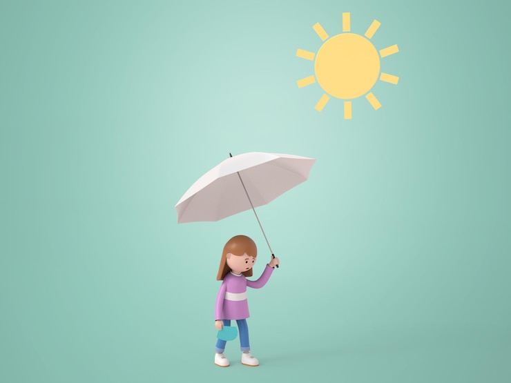 PSD personaje de ilustración 3d mujer joven sostiene ventilador de carpeta y camina con paraguas bloquea la luz del sol se siente caliente y cansada