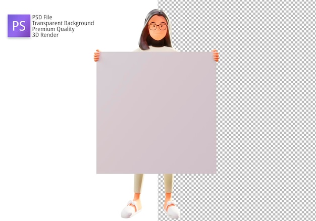 Personaje de ilustración 3d con papel en blanco psd premium