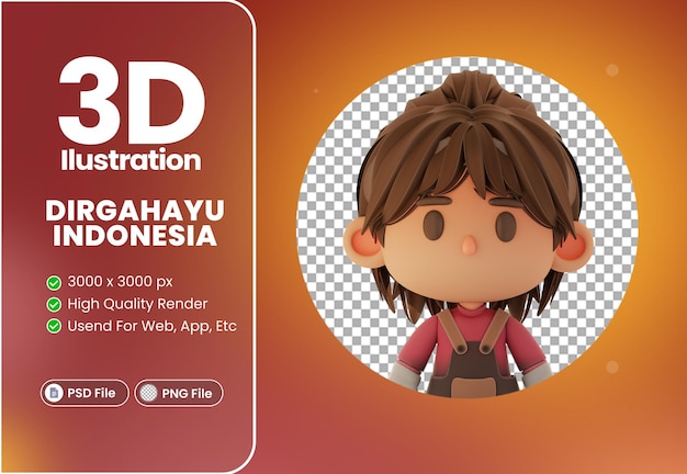 Personaje de ilustración de barista de chica linda 3d con tema de independencia de indonesia