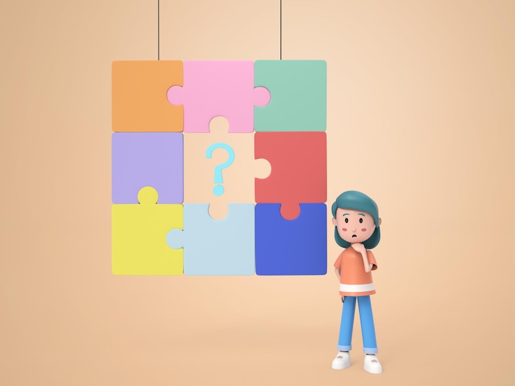 PSD personaje ilustrativo 3d mujer joven pensando con piezas faltantes de un rompecabezas tratando de encontrar una solución buscando idea representación del concepto de lluvia de ideas