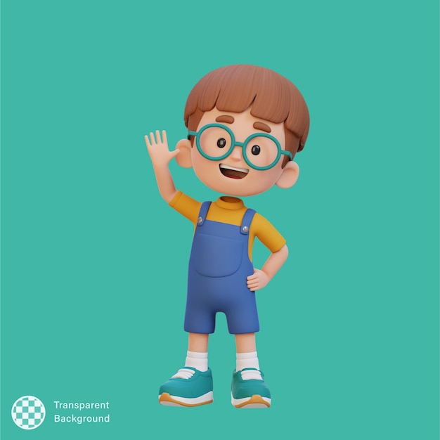 PSD personaje infantil en 3d agitando la mano con una cara feliz y linda