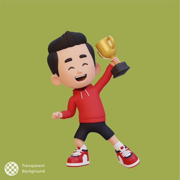 Personaje infantil en 3D celebrando la victoria sosteniendo un trofeo
